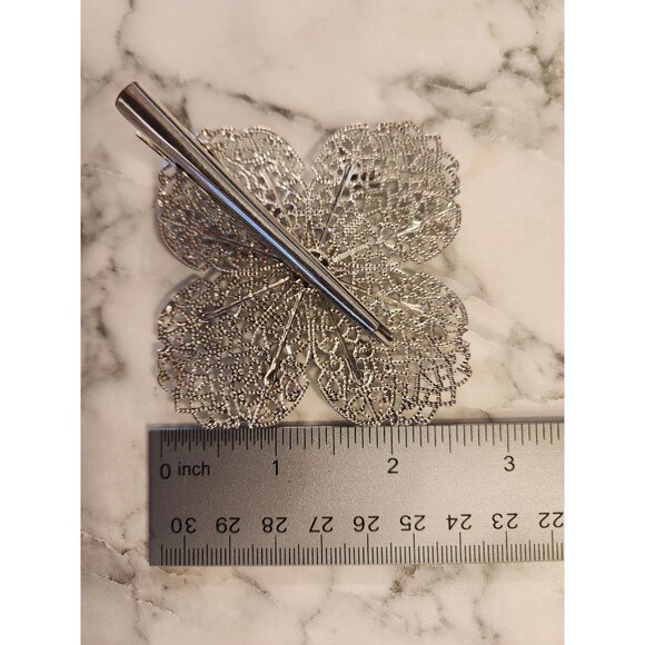 Silver Tone Filigree Flower Hair Clip Barrette With Rhinestones - Picture 3 of 4